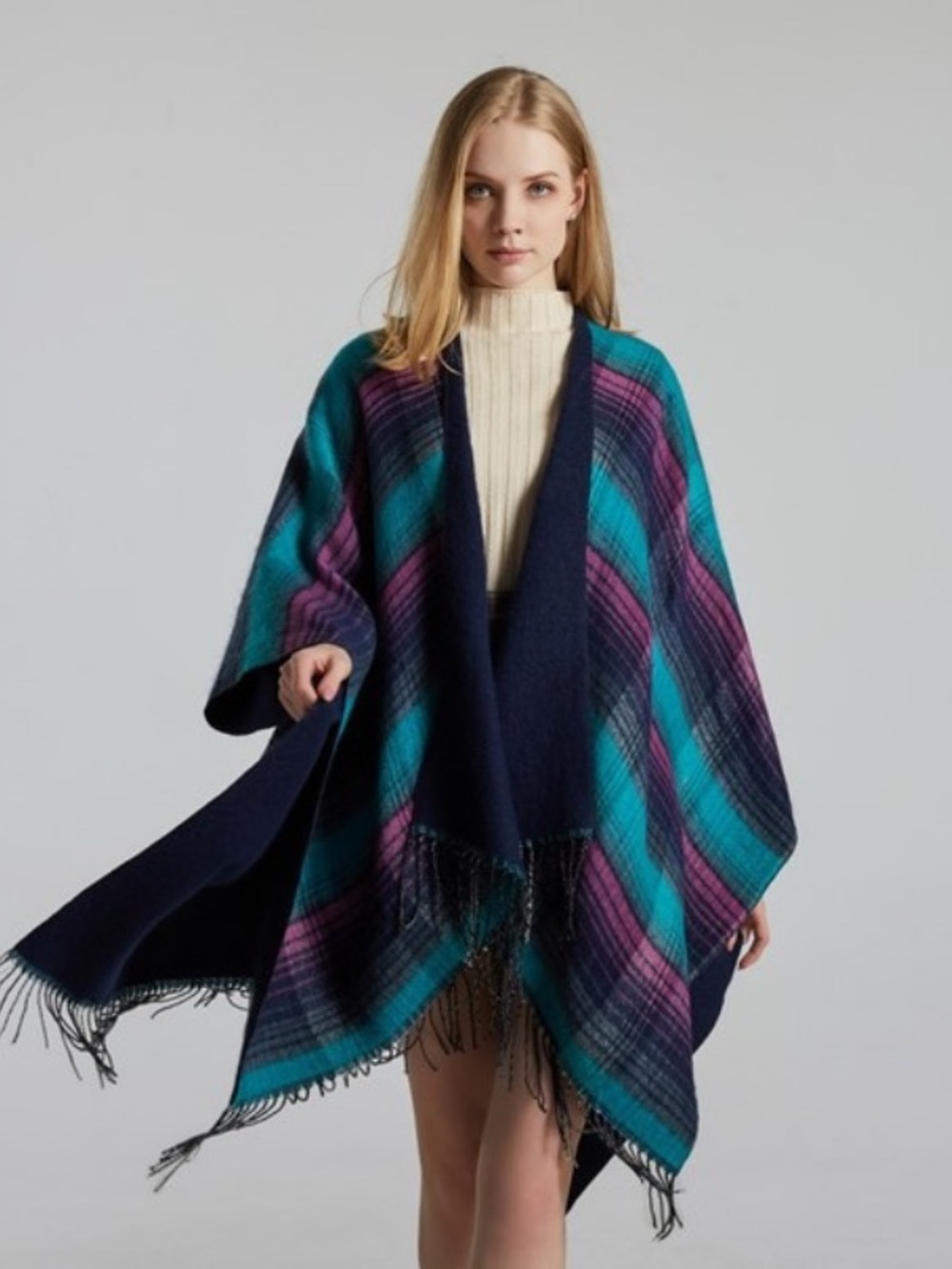 Reversible Plaid Turquoise & Purple Shawl
